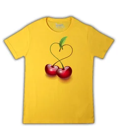 Прикольные футболки: вишни - сердечко на желтой